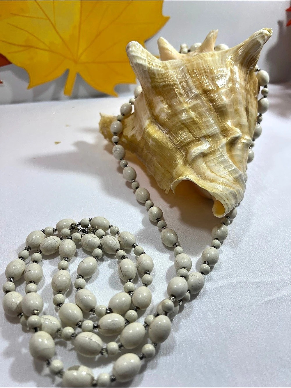 Shell Pendant Beaded Necklace, White & Gold
